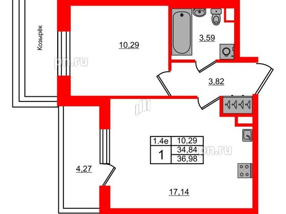 Квартира в ЖК 'Парадный ансамбль', 1 комнатная, 34.84 м², 1 этаж