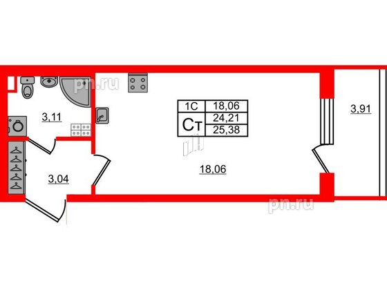 Квартира в ЖК 'Парадный ансамбль', студия, 24.21 м², 3 этаж