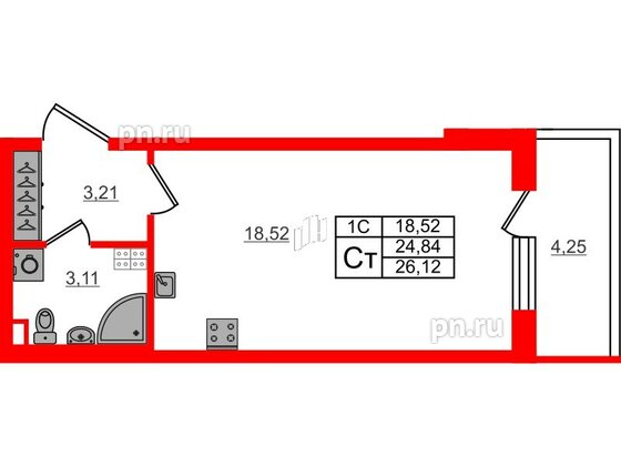 Квартира в ЖК «Парадный ансамбль», студия, 24.84 м², 3 этаж