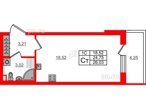 Квартира в ЖК «Парадный ансамбль», студия, 24.75 м², 5 этаж