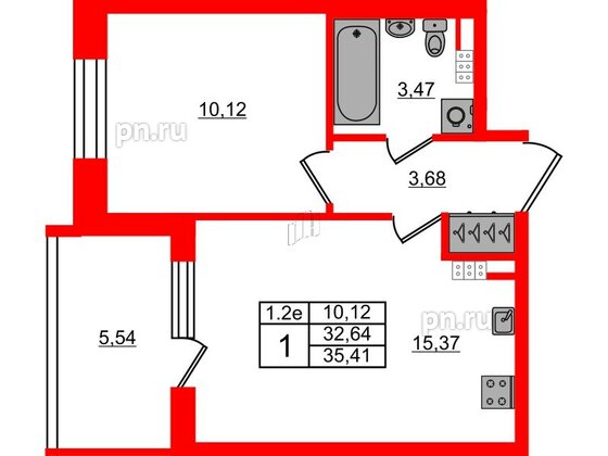 Квартира в ЖК «Парадный ансамбль», 1 комнатная, 32.64 м², 4 этаж