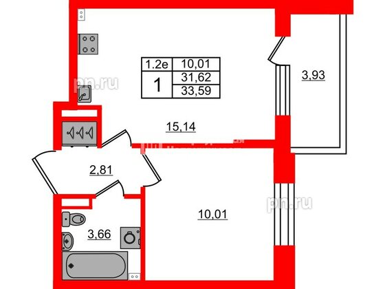 Квартира в ЖК «Парадный ансамбль», 1 комнатная, 31.2 м², 2 этаж