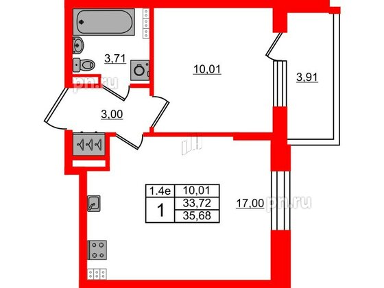 Квартира в ЖК 'Парадный ансамбль', 1 комнатная, 33.72 м², 4 этаж