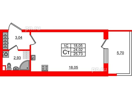 Квартира в ЖК «Парадный ансамбль», студия, 24.02 м², 5 этаж