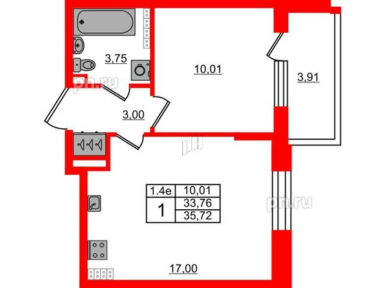 Квартира в ЖК 'Парадный ансамбль', 1 комнатная, 33.76 м², 5 этаж