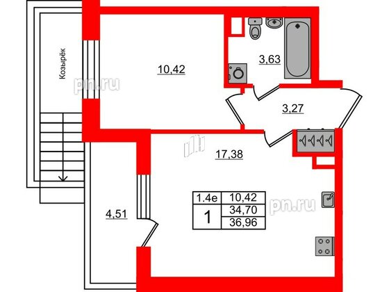 Квартира в ЖК «Парадный ансамбль», 1 комнатная, 34.7 м², 1 этаж