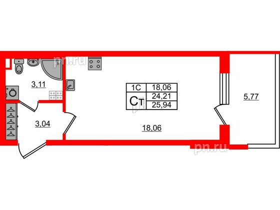 Квартира в ЖК «Парадный ансамбль», студия, 24.21 м², 3 этаж