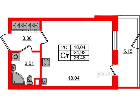 Квартира в ЖК 'Парадный ансамбль', студия, 24.93 м², 1 этаж