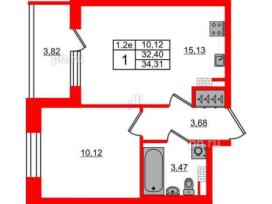 Квартира в ЖК «Парадный ансамбль», 1 комнатная, 32.4 м², 4 этаж