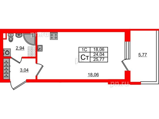 Квартира в ЖК «Парадный ансамбль», студия, 24.04 м², 5 этаж