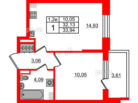 Квартира в ЖК 'Парадный ансамбль', 1 комнатная, 32.13 м², 4 этаж