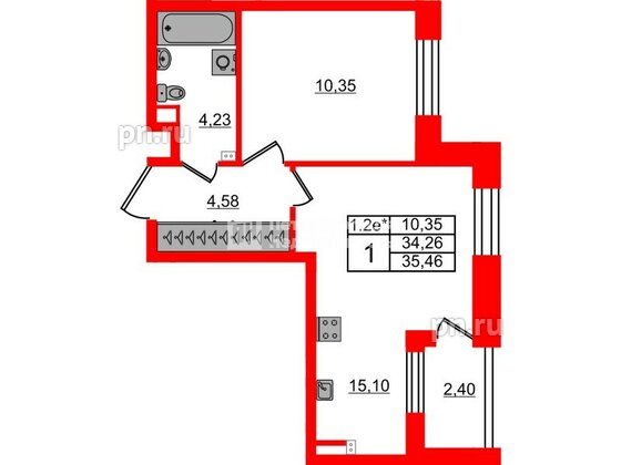 Квартира в ЖК «Парадный ансамбль», 1 комнатная, 33.7 м², 3 этаж
