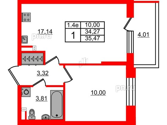 Квартира в ЖК 'Парадный ансамбль', 1 комнатная, 34.27 м², 2 этаж