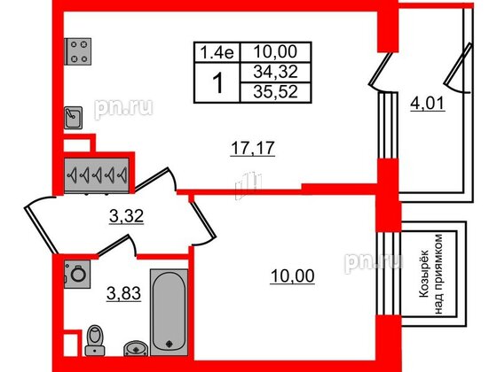 Квартира в ЖК 'Парадный ансамбль', 1 комнатная, 34.32 м², 1 этаж