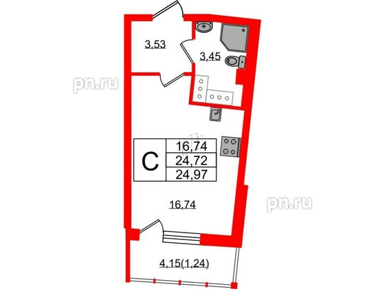 Квартира в ЖК Левитан, студия, 24.97 м², 19 этаж