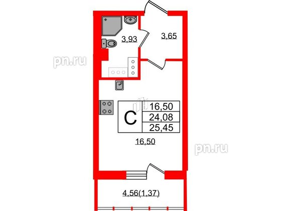 Квартира в ЖК Левитан, студия, 25.45 м², 11 этаж