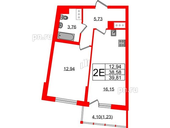 Квартира в ЖК Левитан, 1 комнатная, 39.81 м², 3 этаж