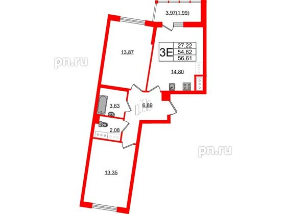 Квартира в ЖК Левитан, 2 комнатная, 56.61 м², 12 этаж