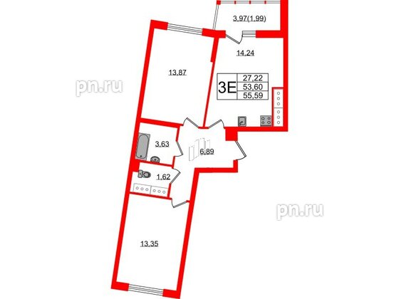 Квартира в ЖК Левитан, 2 комнатная, 55.59 м², 21 этаж