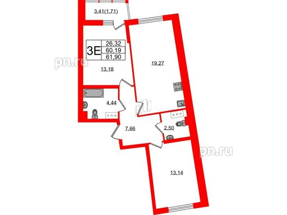 Квартира в ЖК Левитан, 2 комнатная, 61.9 м², 3 этаж