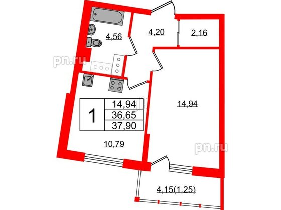 Квартира в ЖК Левитан, 1 комнатная, 37.9 м², 17 этаж