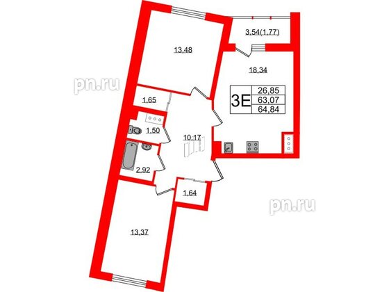 Квартира в ЖК Левитан, 2 комнатная, 64.84 м², 5 этаж