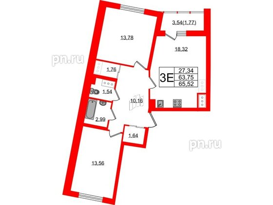 Квартира в ЖК Левитан, 2 комнатная, 65.52 м², 12 этаж