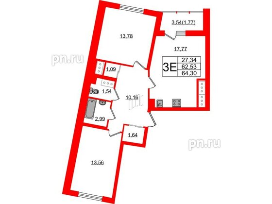 Квартира в ЖК Левитан, 2 комнатная, 64.3 м², 19 этаж