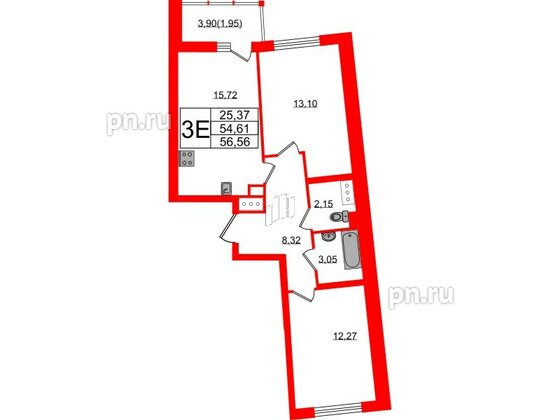 Квартира в ЖК Левитан, 2 комнатная, 56.56 м², 6 этаж