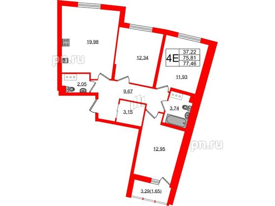 Квартира в ЖК Левитан, 3 комнатная, 77.46 м², 10 этаж