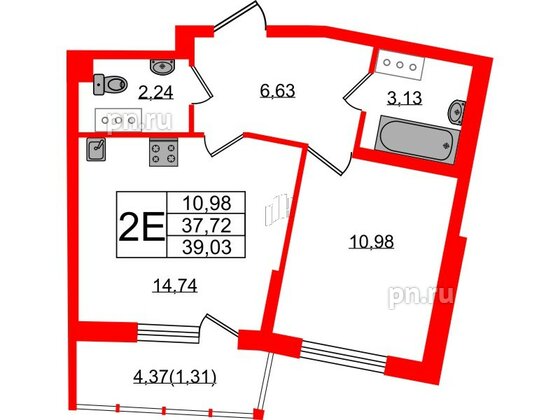 Квартира в ЖК Левитан, 1 комнатная, 39.03 м², 2 этаж