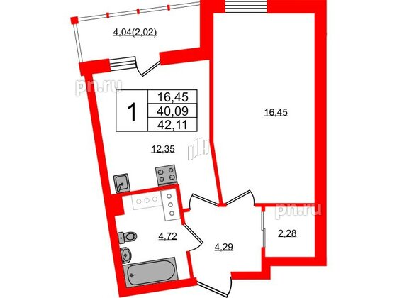 Квартира в ЖК Левитан, 1 комнатная, 42.11 м², 15 этаж