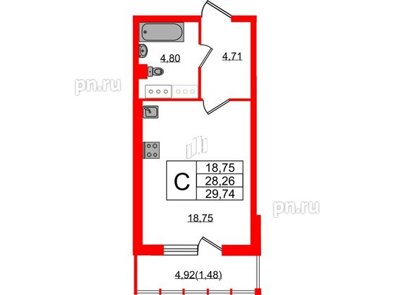 Квартира в ЖК Левитан, студия, 29.74 м², 11 этаж