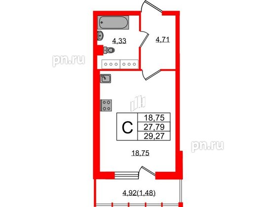 Квартира в ЖК Левитан, студия, 29.27 м², 19 этаж