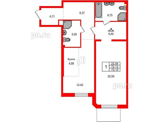 Квартира в ЖК AMO, 1 комнатная, 72.13 м², 2 этаж