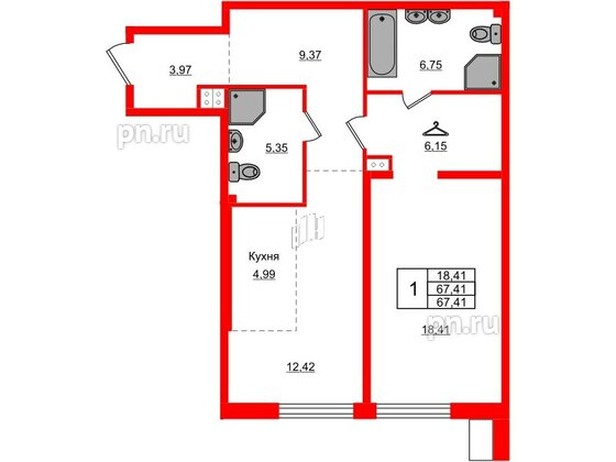 Квартира в ЖК АМО, 1 комнатная, 67.41 м², 4 этаж