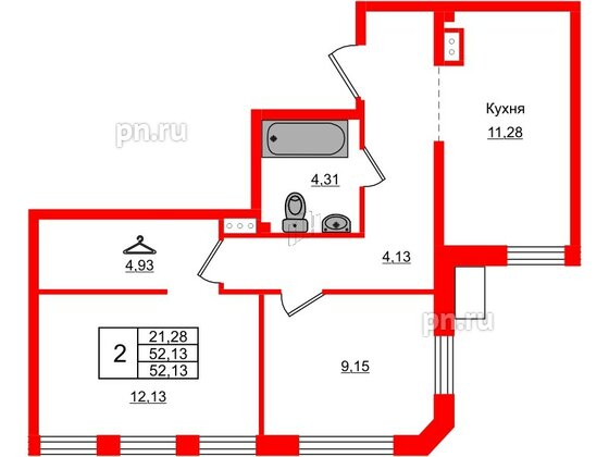 Квартира в ЖК AMO, 2 комнатная, 52.13 м², 4 этаж