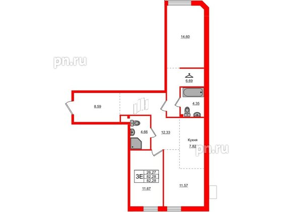 Квартира в ЖК АМО, 2 комнатная, 82.28 м², 2 этаж