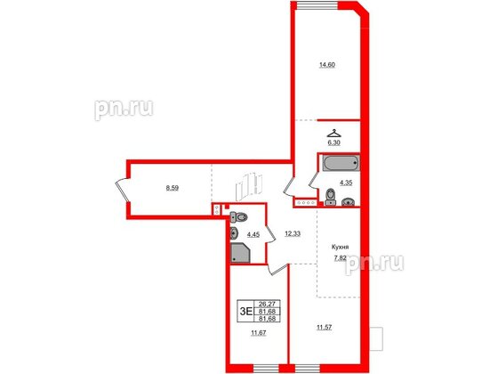 Квартира в ЖК АМО, 2 комнатная, 81.68 м², 3 этаж