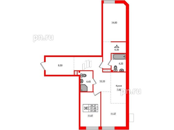 Квартира в ЖК АМО, 2 комнатная, 81.68 м², 4 этаж