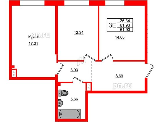 Квартира в ЖК АМО, 2 комнатная, 61.93 м², 5 этаж