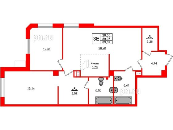 Квартира в ЖК АМО, 2 комнатная, 89.07 м², 2 этаж