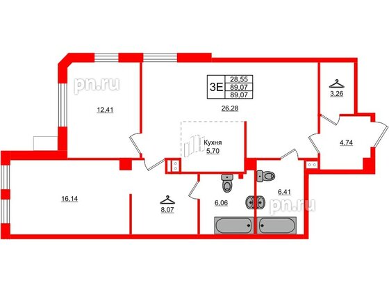 Квартира в ЖК АМО, 2 комнатная, 89.07 м², 5 этаж