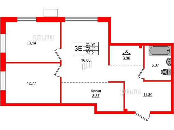 Квартира в ЖК AMO, 2 комнатная, 72.21 м², 1 этаж