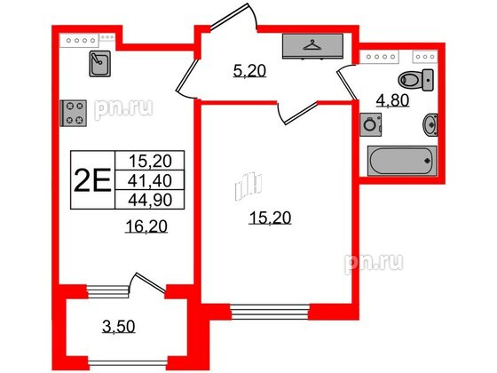 Квартира в ЖК Дубровский, 1 комнатная, 44.9 м², 2 этаж