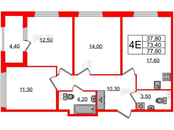 Квартира в ЖК Дубровский, 3 комнатная, 77.8 м², 1 этаж