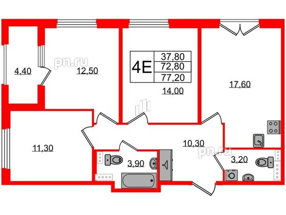 Квартира в ЖК Дубровский, 3 комнатная, 77.2 м², 2 этаж