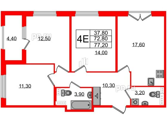 Квартира в ЖК Дубровский, 3 комнатная, 77.2 м², 3 этаж