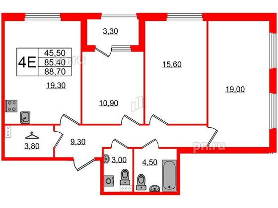 Квартира в ЖК Дубровский, 3 комнатная, 88.7 м², 1 этаж