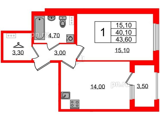 Квартира в ЖК Дубровский, 1 комнатная, 43.6 м², 1 этаж